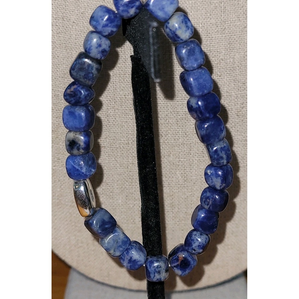Vintage Sodalite Gemstone Stretch Bracelet 925 Sterling Silver JOY 17.7g